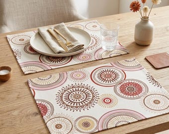 Juego de 2 manteles individuales impermeables estilo boho / Manteles individuales con mandala / Manteles individuales color terracota beige / Decoración de comedor estilo boho / Decoración de mesa estilo granja