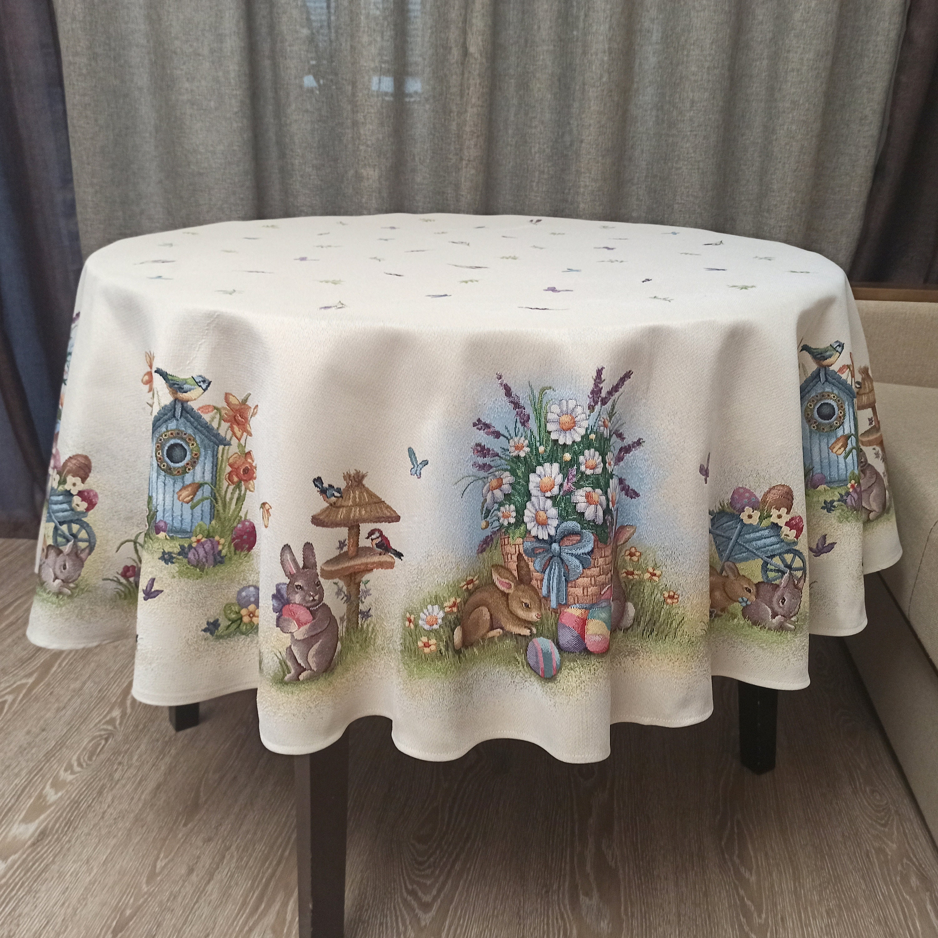 Easter Round Tablecloth Ivory Colourful Flowers and Bunny on a Etsy