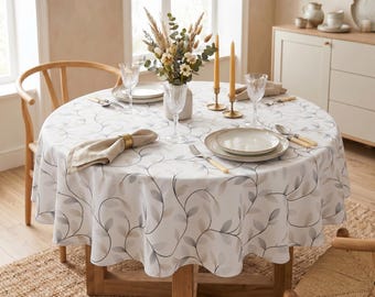 Waterproof Tablecloth Silver Leaves | Teflon Coated Tablecloth | Round Oval Rectangle Square Tablecloth | Custom Size Table Cover