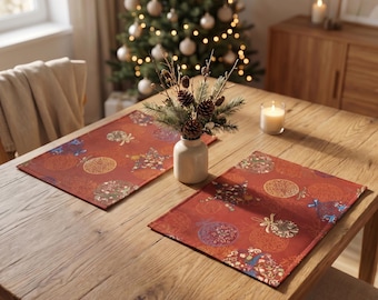 Christmas Gobelin Placemats Set of 2. Holiday Tapestry Placemats with Gold Lurex, Christmas Table Mats, Festive Dining Decor, Woven Placemat