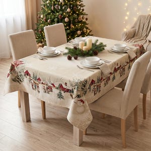 Nappe de Noël à fils dorés, tissu tapisserie, nappes de Noël à l'ancienne, élégante nappe dorée pour Noël, bonhommes de neige