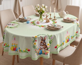 Grüne ovale Ostertischdecke | Wasserdichte Hasen-Tischdecke | Frühlings-Ostertischdecke | Osterei-Tischdecke | Osterdeko im Landhausstil