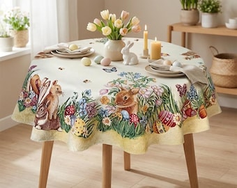 Round Tablecloth, Easter Table cloth with Bunny - Easter Bunny Gobelin Round Tablecloth - Woven Tapestry Easter Tablecloth, Farmhouse Easter