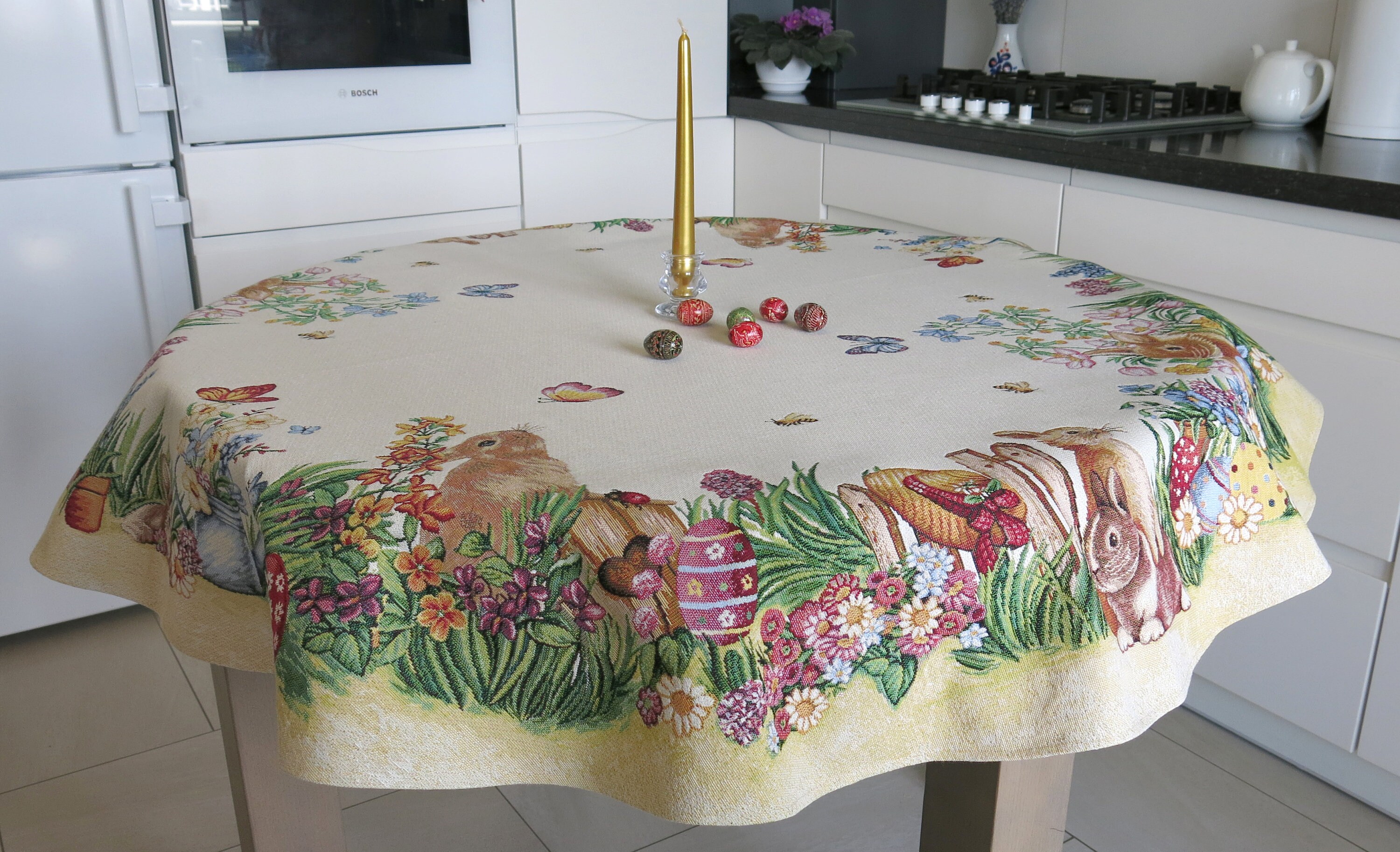 Round Tablecloth, Easter Table Cloth With Eggs Bunny Flowers Fabric
