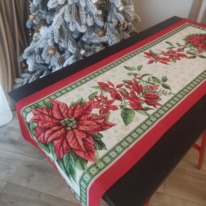 Red Christmas Table Runner Block Print Fabric Tapestry Rectangular with Poinsettia Table Runners Holiday Decoration Table Throws Runners