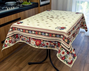 Nappe à imprimé bloc, nappe rectangulaire à fleurs, nappe jaune pastel tapisserie de style ethnique Nappes de qualité