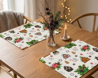 Christmas Gingerbread Waterproof Placemats Set of 2.4.6 | Holiday Table Mats | Teflon Coated Christmas Placemats | Reusable Cotton Placemats