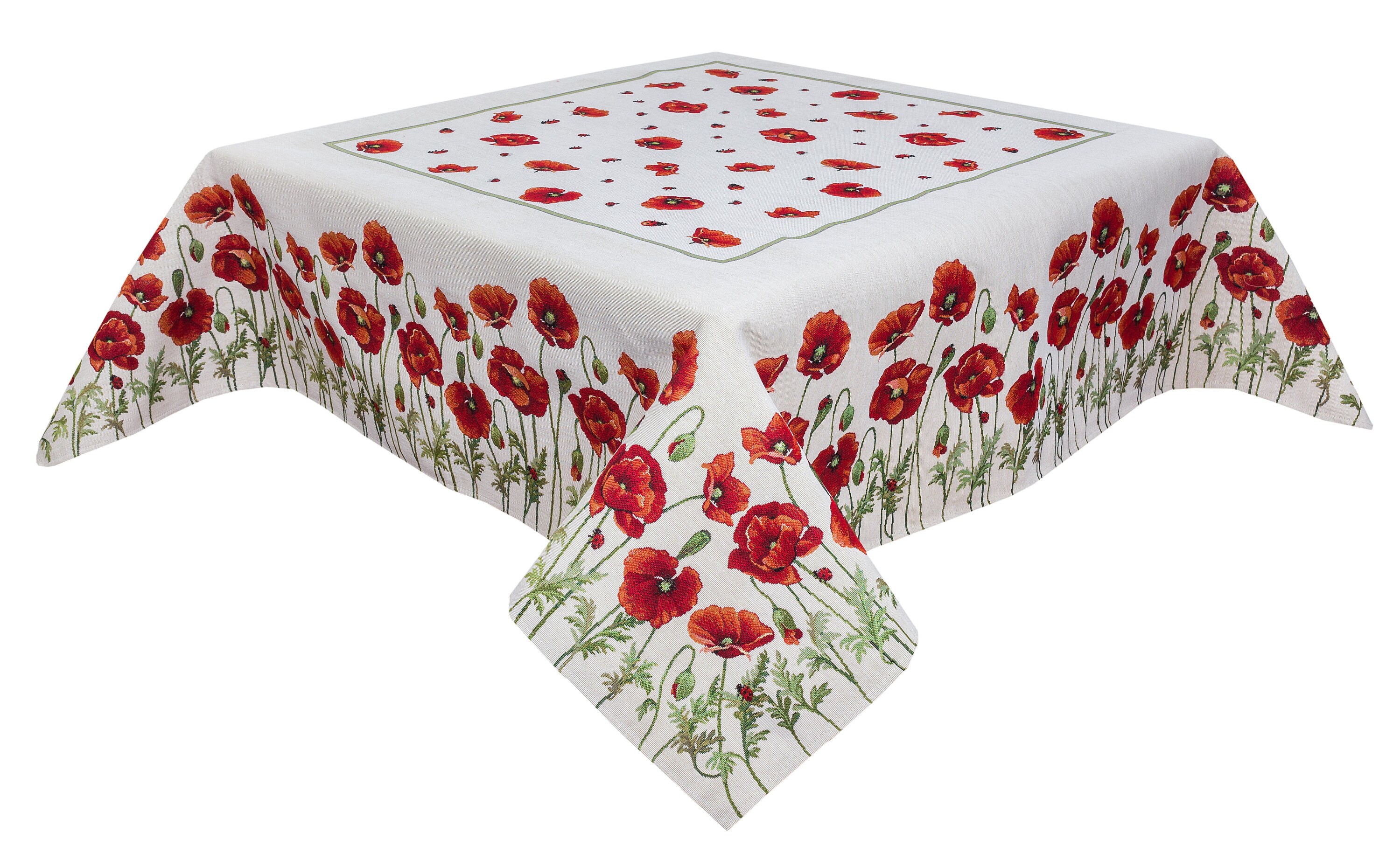 Poppy Tablecloth Jacquard Fabric white background red poppies Etsy