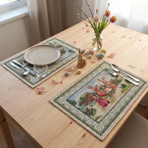Easter Placemats with Golden thread Eggs Bunny Floral Rectangular Tapestry Fabric Green  (set of 2) Size:13in X 19in (33cm X 47cm)
