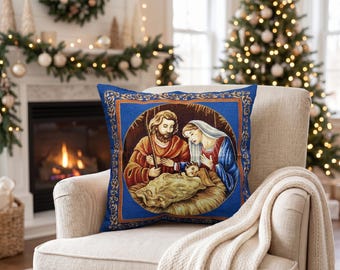 Nativity Gobelin Pillow Cover with Gold Lurex | Christmas Tapestry Cushion Cover | Holy Family Decorative Pillow | Christian Christmas Decor