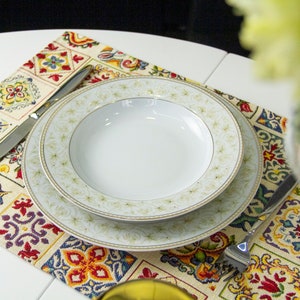 Placemats Tapestry Fabric Floral Spanish Tiles style Azulejo Multicolor (set of 2) Size:13in X 17in (34cm X 44cm)