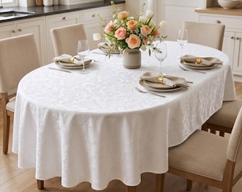 Waterproof Tablecloth White Jacquard Water Resistant Cotton tablecloth, Custom Dining Table Cover Washable table cloth for Oval Table