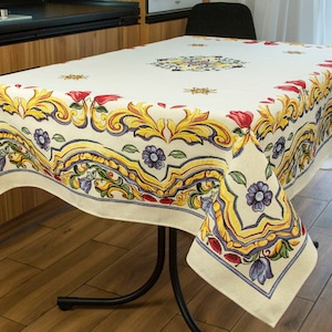 Yellow Tablecloth Fabric Tapestry Tablecloths Floral Rectangular Summer Block Print Table cloth in Spanish style Azulejo