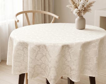Mantel impermeable de jacquard color marfil, de algodón resistente al agua, lavable, para mesa redonda.