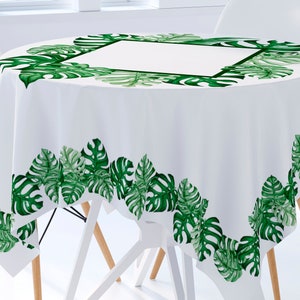 White Cotton Tablecloth, White and Green Palm Leaf Fabric Tablecloth, Monstera Green Leaf Cloth Rectangular Square table covers