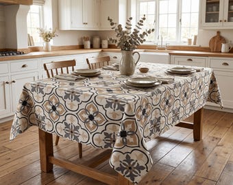 Rectangle Waterproof Tablecloth | Beige Tile Pattern Tablecloth | Farmhouse Dining Table Cover | Neutral Geometric Tablecloth