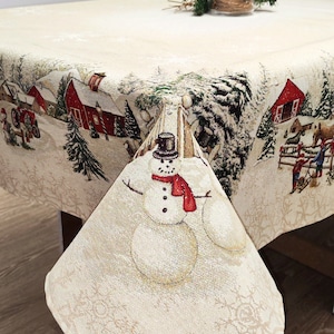 Christmas Tablecloth with Golden Threads Tapestry Fabric Xmas Tablecloths Old Pattern Elegant Gold Table cloth for Christmas Snowmen