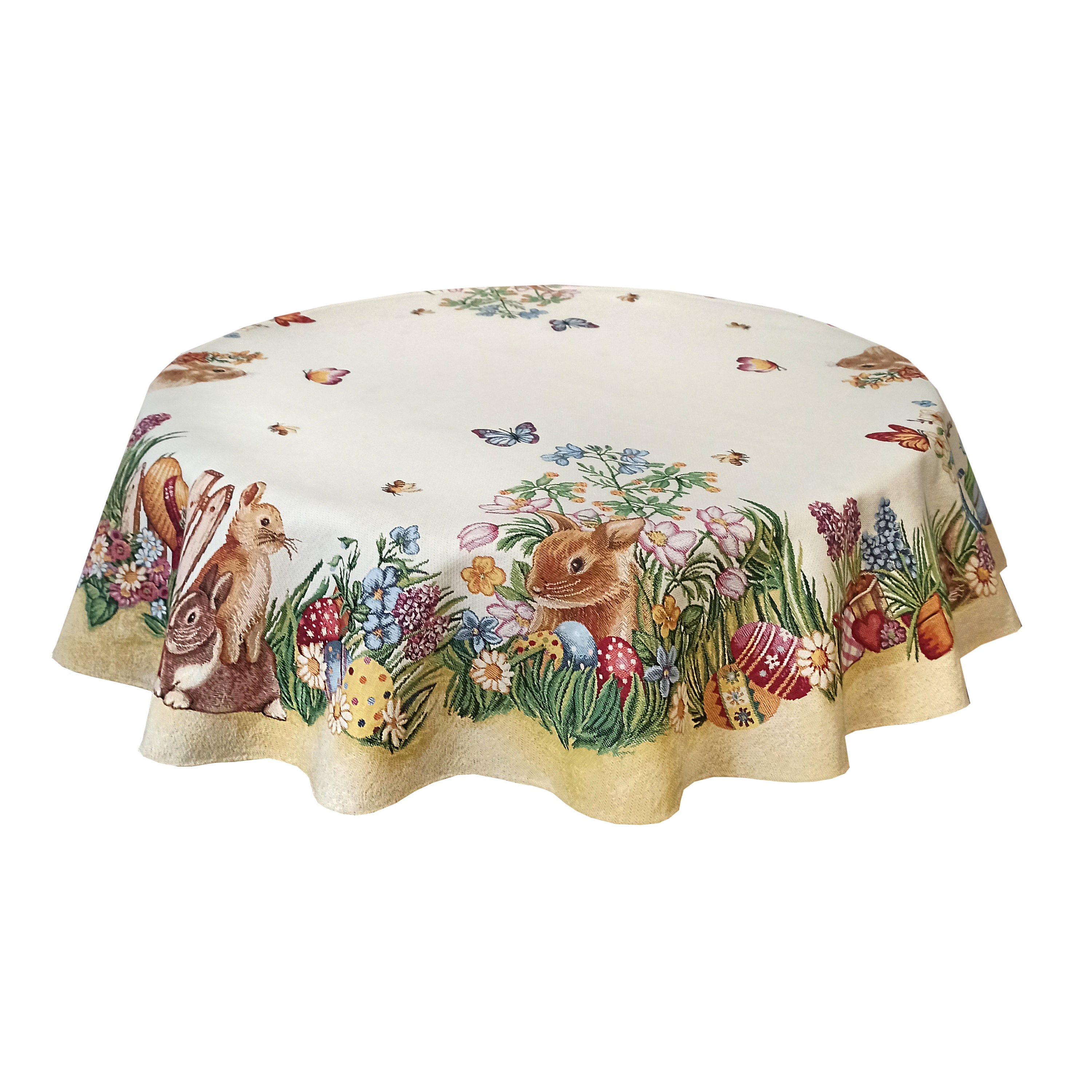 Round Tablecloth, Easter Table Cloth With Eggs Bunny Flowers Fabric
