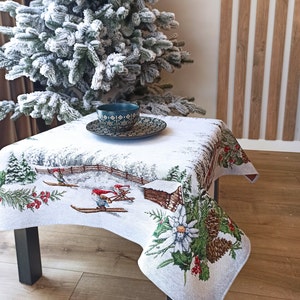 Fabric Christmas Tablecloth Rectangle, Luxury Tapestry Table cloth for Christmas, X-mas Holiday table cover with Gnomes and Silver Thread