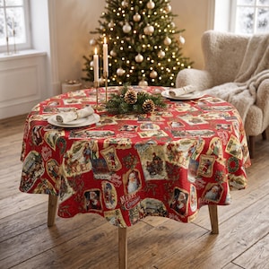 Weihnachtstischdecke Runde Stofftischdecken Rot mit Goldenen Fäden Nikolaus Altes Muster Patchwork X-mas