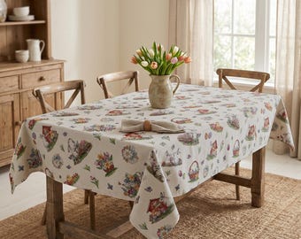 Easter Bunny Gobelin Tablecloth Round Rectangle | Woven Tapestry Easter Table Cover | Spring Farmhouse Gray Tablecloth | No Lurex