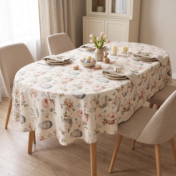 Wasserdichte Ostertischdecke | Teflon-fleckenabweisende Tischdecke | Tischdecke mit Frühlingsblumenmuster für Ostereier | Tischdekoration im Landhausstil