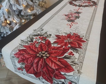 Table Runner Christmas Fabric Tapestry Rectangular with Silver Lurex Poinsettia and Old Pattern Table Decoration