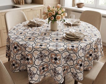 Round Waterproof Tablecloth | Beige Tile Pattern Tablecloth | Farmhouse Tablecloth | Neutral Dining Table Cover | Geometric Tablecloth