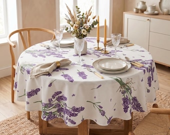 Tablecloth Round Fabric Summer Waterproof Cotton with Teflon-coated Lavender Flowers
