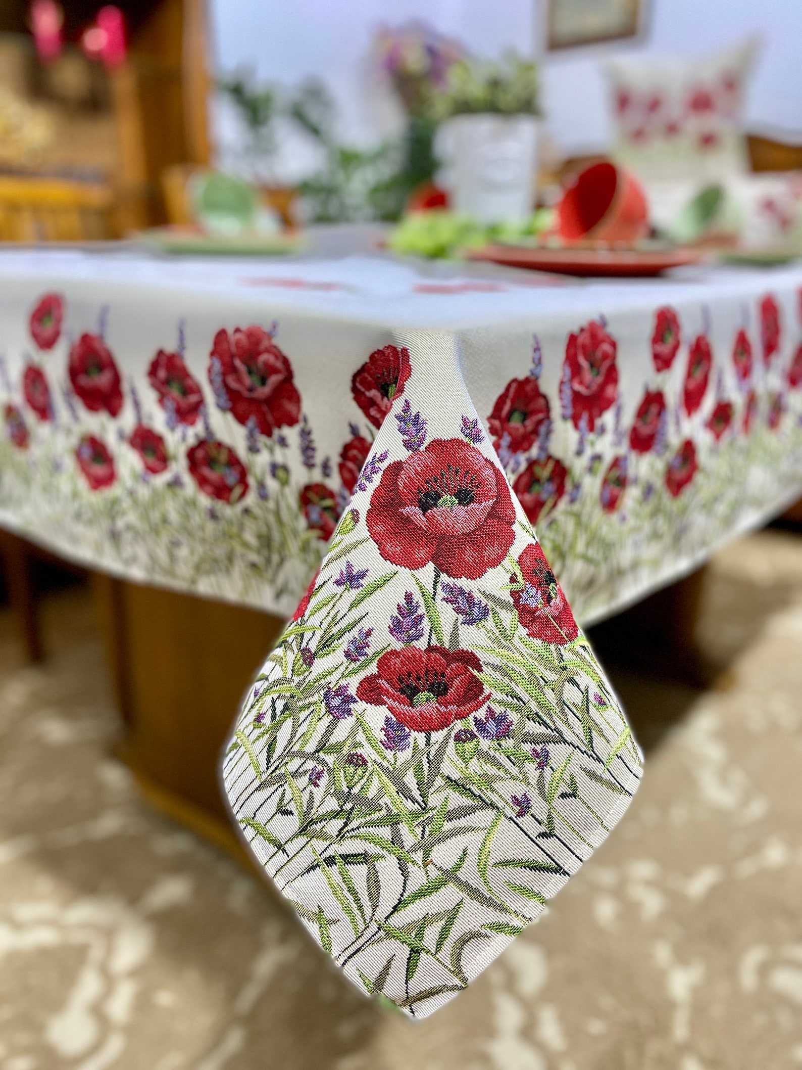 Poppy Tablecloth Jacquard Fabric white background red poppies Etsy