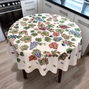 Tablecloth Round, 140cm/54in Grape and Fruit Fall Tablecloth for Round Table, Tapestry Fabric Table cloth with natural Lace