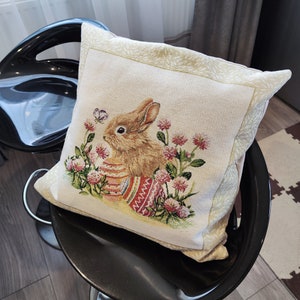 Funda de cojín de Pascua con conejito, funda de almohada decorativa, funda de almohada, tela de tapiz de 18 pulgadas (45 cm) con hilos dorados