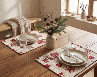 Christmas Gobelin Placemats Set of 2,4 Noel Holiday Table Mats, Winter Tapestry Placemats, Farmhouse Christmas Decor, Festive Table Setting