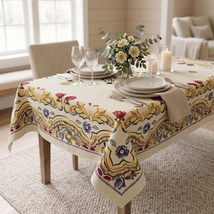 Spanish Gobelin Tablecloth | Rectangular Tapestry Table Cover | Mediterranean Farmhouse Tablecloth | Floral Woven Dining Decor