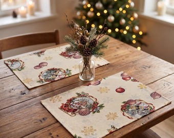 Christmas Placemats Set of 2,4,6 with Gold Lurex, Gobelin Placemats, Holiday Table Mats, Christmas Ornament Placemats, Festive Dining Decor