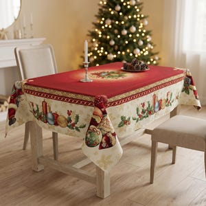 Mantel navideño rojo con Papá Noel y lúrex dorado / Mantel navideño Gobelin / Decoración navideña para la mesa / Cubremesa festivo de Papá Noel