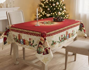 Mantel navideño rojo con Papá Noel y lúrex dorado / Mantel navideño Gobelin / Decoración navideña para la mesa / Cubremesa festivo de Papá Noel