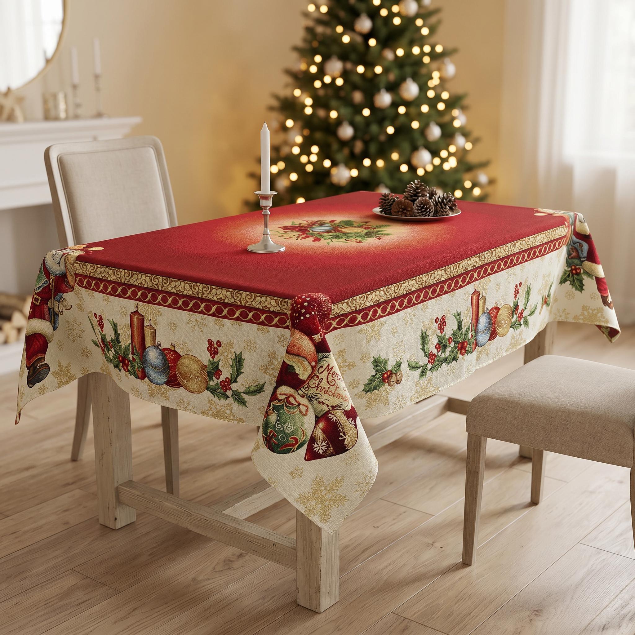 Rote Weihnachtstischdecke mit Weihnachtsmann und Gold-Lurex | Festliche Gobelin Tischdecke | Weihnachten Essdekor | Festliche Nikolaus Tischdecke
