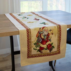 Christmas Table Runners Fabric Tapestry Rectangular with Santa  and Old Pattern Table Decoration Golden Lurex