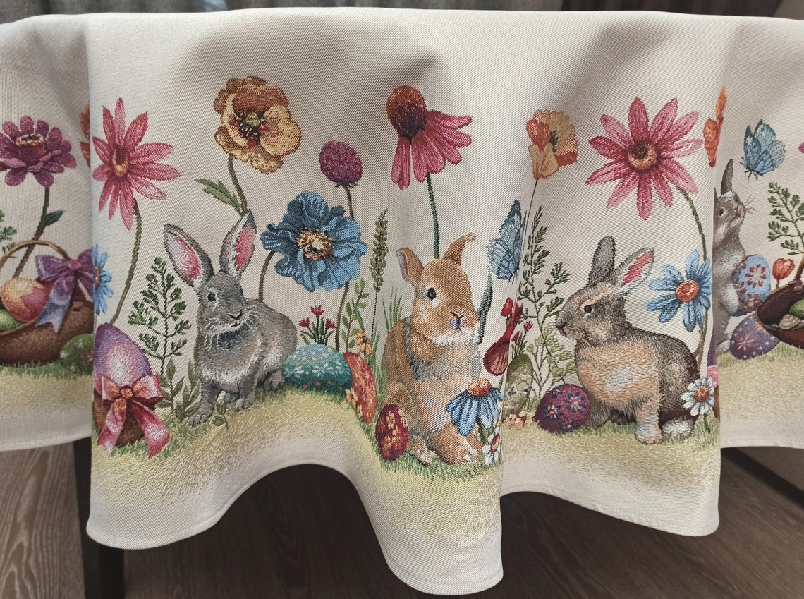 Easter Round Tablecloth With Bunny and Colourful Flowers on an Etsy