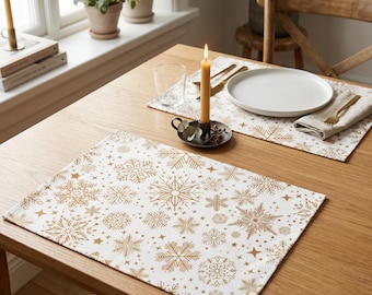 Snowflake Waterproof Placemats Set of 2, Winter Holiday Table Mats, Teflon Coated Christmas Placemats, Reusable Winter Cotton Placemats