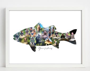 May include: A framed print featuring a fish-shaped collage of fishing-related photos. The photos show people fishing, holding fish, and enjoying the outdoors. The words "Gone fishing" are written in cursive at the bottom.