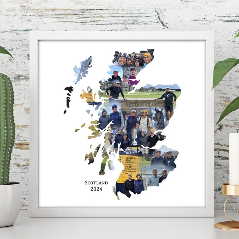 May include: A framed print featuring a collage of photographs arranged in the shape of Scotland. The print includes the text "Scotland 2024" and various images of people and landscapes. The frame is white.