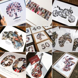 May include: Framed photo collages featuring various shapes and numbers filled with multiple photos. The images include a family tree, a motorcycle, a horse head, the numbers 40, 50, and 60, and the word "family".