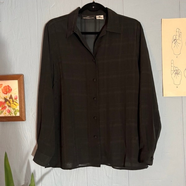 Vintage 90s/Y2K Impressions Sheer Black-on-black Plaid Button Down