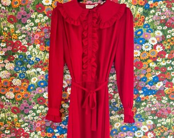 Vintage 80s/90s Red Ruffle Front Ms Chau's Knee-length Dress