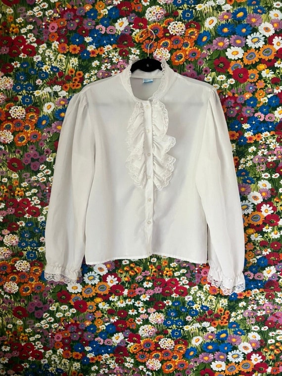 Vintage 70s/80s White Blouse Look Inc. Ruffle But… - image 1