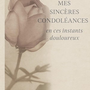 Puede incluir: Tarjeta de pésame en tonos sepia con una rosa y texto. La rosa está en la esquina superior izquierda, proyectando una sombra. El texto dice: "MES SINCÈRES CONDOLÉANCES en ces instants douloureux".