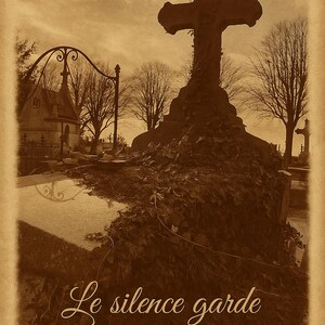 Puede incluir: Imagen en tonos sepia de una escena de cementerio con una gran cruz de piedra cubierta de follaje. La cruz se alza prominentemente contra un cielo nublado. La imagen incluye una puerta de hierro forjado y el texto francés "Le silence garde les âmes."