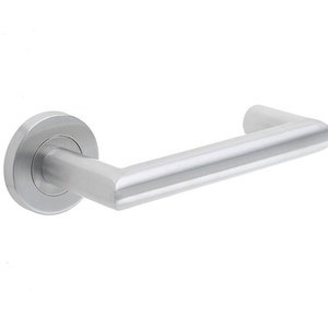 May include: A brushed metal door handle with a round base and a straight lever. The handle is silver and appears to be made of stainless steel. The design is modern and minimalist, suitable for interior doors.